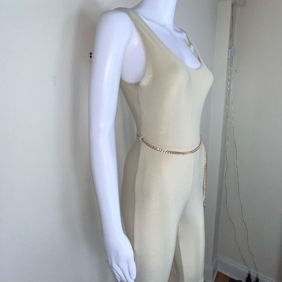 WeWoreWhat Solid Rib Scoop Jumpsuit in Khaki with Gold Chain Belt - Picture 11 of 16